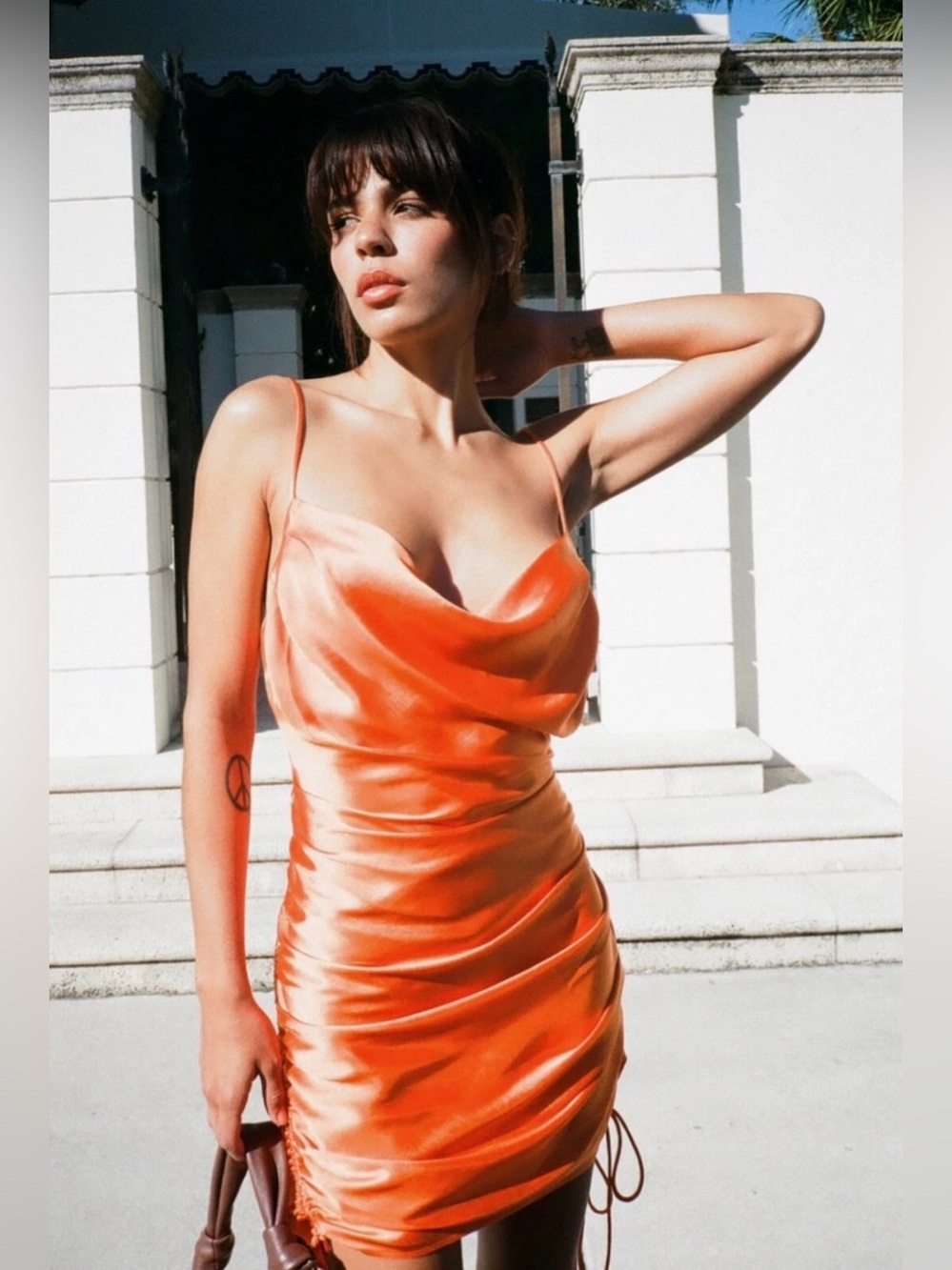 Women’s Satin Cowl Neck Mini Dress in Orange